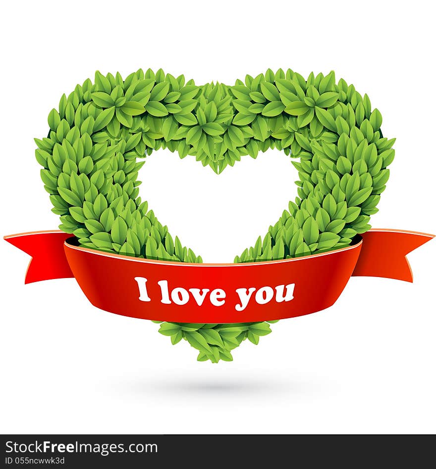 Vector illustration of green heart-shaped garland with red ribbon. Vector illustration of green heart-shaped garland with red ribbon