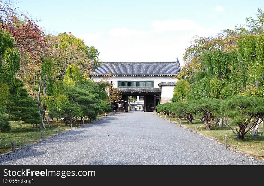 Secondary gate to the Kyoto Nijo castle gardens. Nijo Castle is a flatland castle located in Kyoto, Japan.