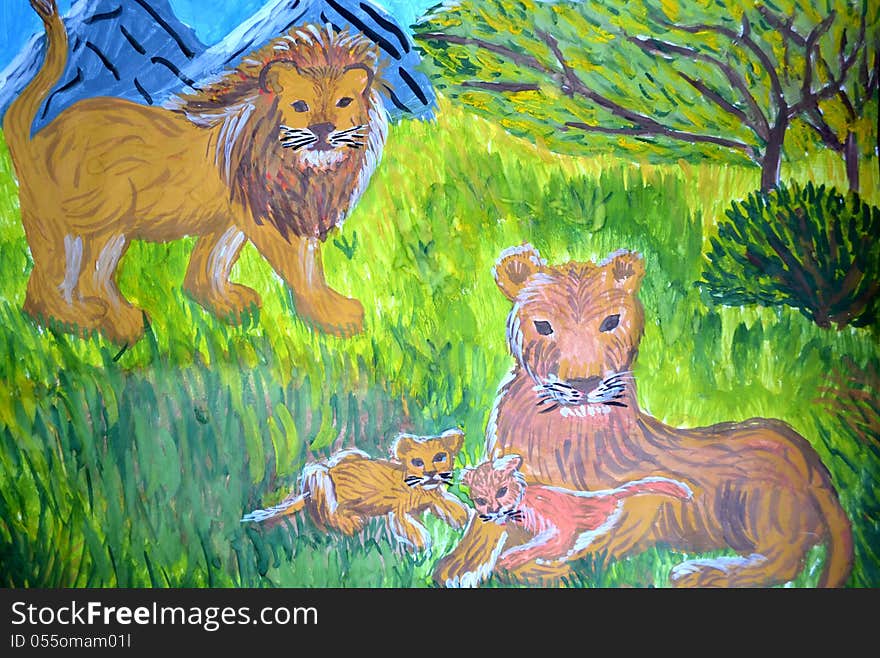 Family of lions on child s picture