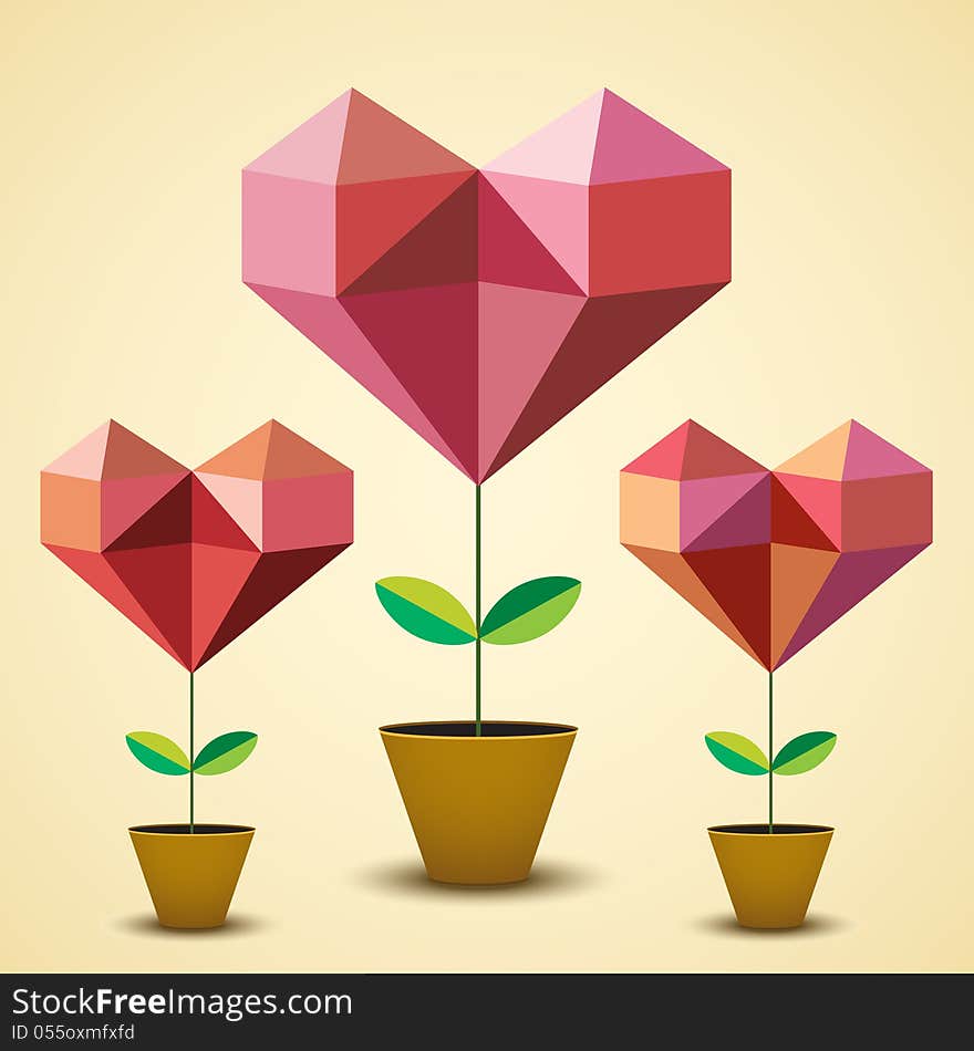 Origami hearts. Illustration in vector