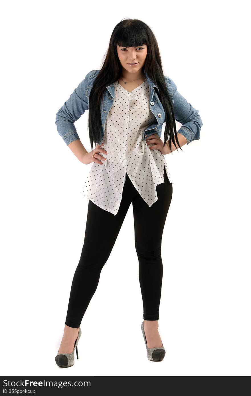 Portrait of a brunette in studio on white background