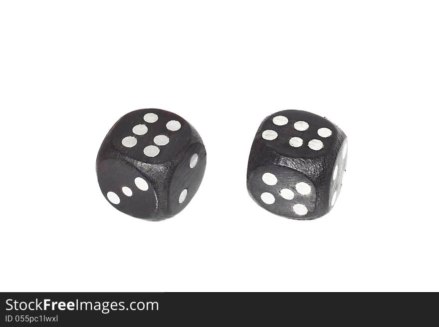 Two old dices ( double six-six ) isolated on white background. Two old dices ( double six-six ) isolated on white background