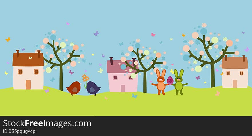 Illustration of Easter and spring with blossom trees, bunnies, love birds, eggs, butterflies. Happy Easter banner.