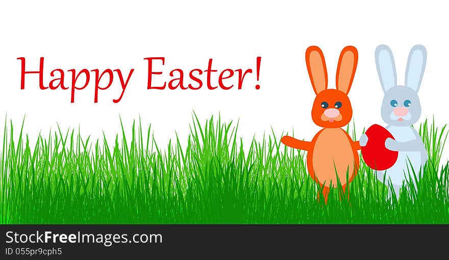 Two Easter Bunnies with red Egg in grass. Happy Easter banner.