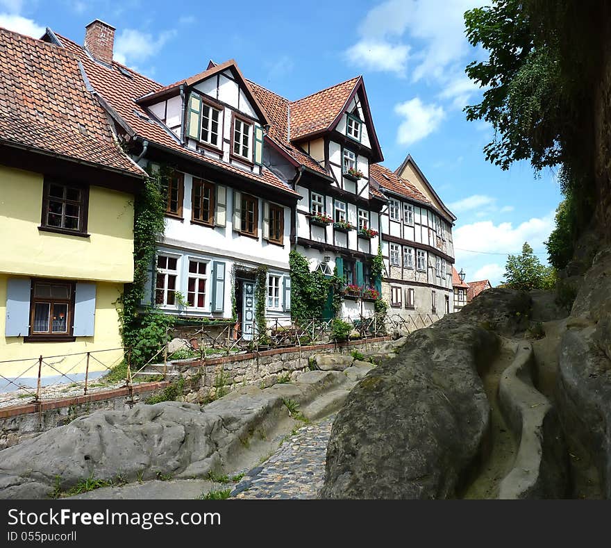 Near the base of castle-hill in Quedlinburg there are splendid preserved timbered houses. Near the base of castle-hill in Quedlinburg there are splendid preserved timbered houses.