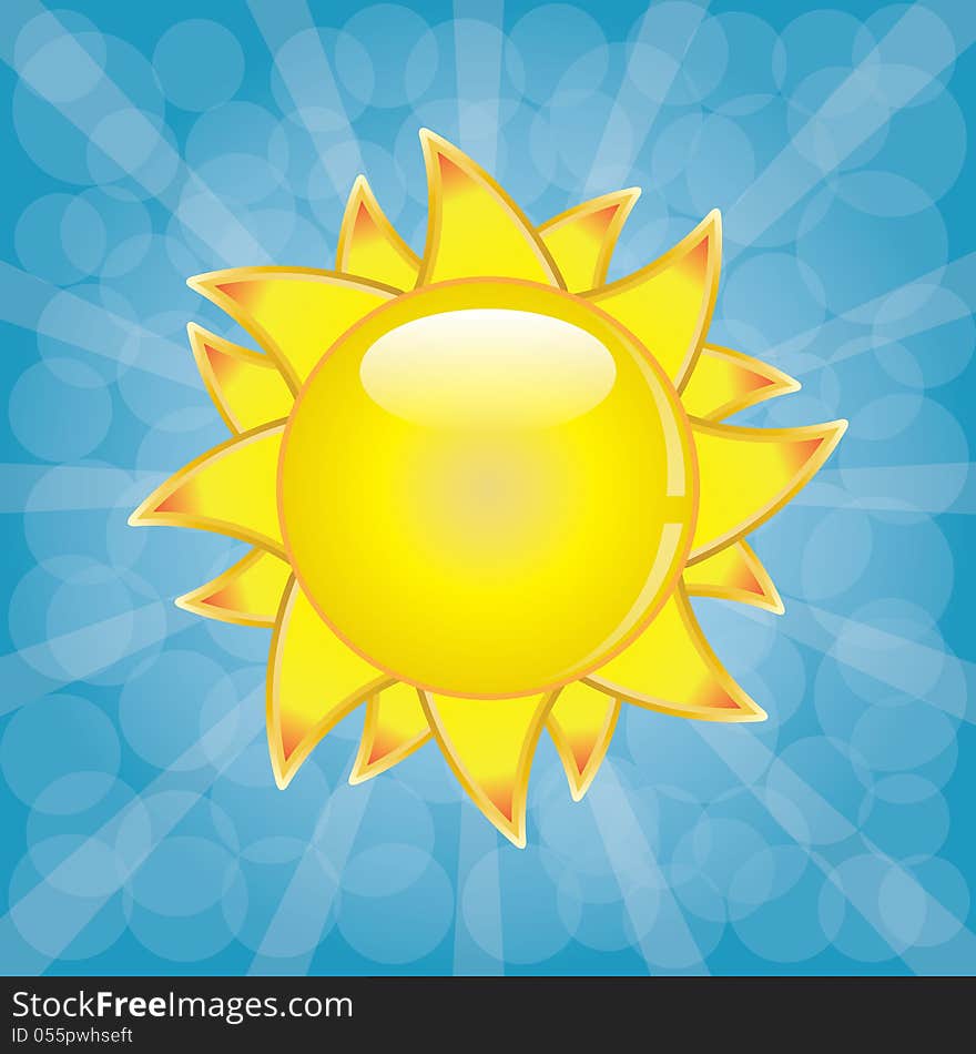 Big shining summer sun with sunbeams on the sky.vector