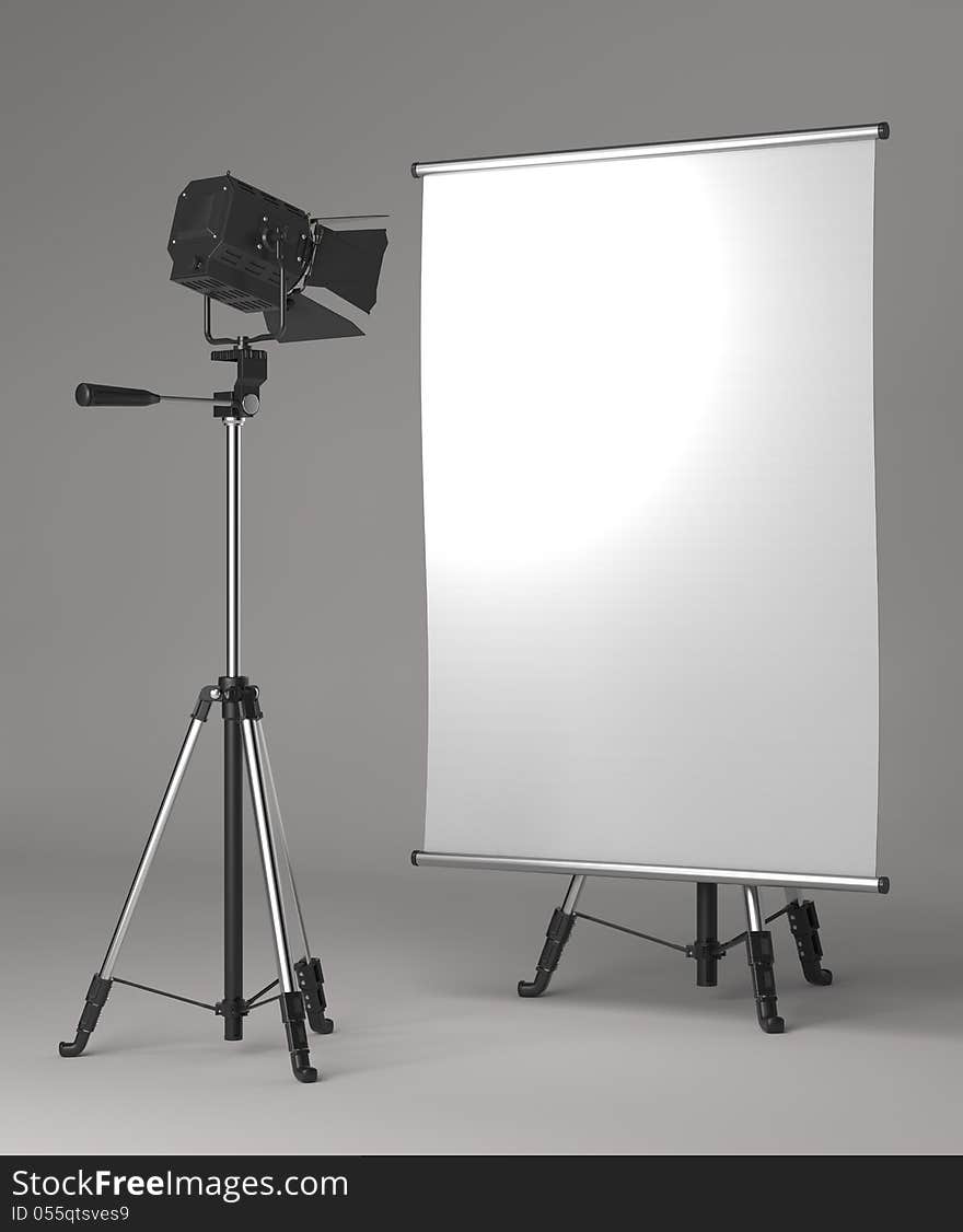 Flipchart on Tripod and Studio Lighting on Grey Background. Flipchart on Tripod and Studio Lighting on Grey Background.