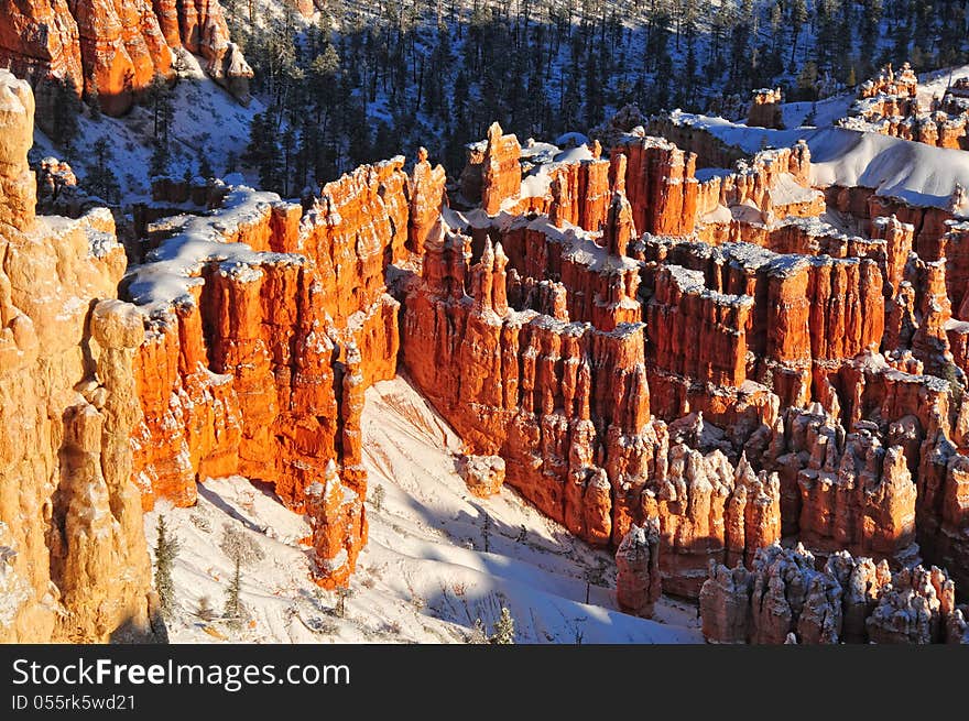 Blowing snow and deep canyon and hoodoos in bryce canyon national park utah. Blowing snow and deep canyon and hoodoos in bryce canyon national park utah