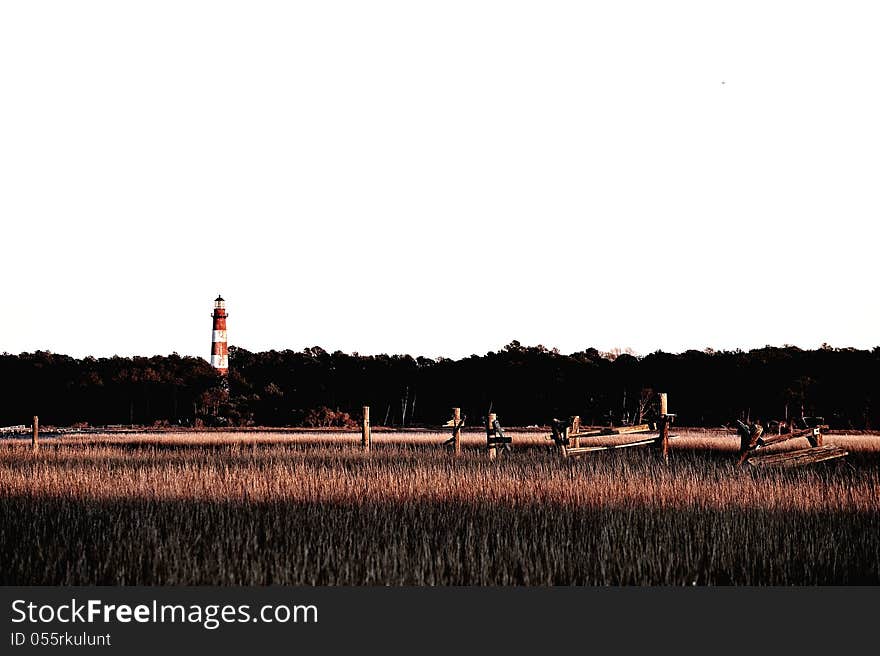 Assateague Lighthouse on the Virgina coast with marshes at sunset. Assateague Lighthouse on the Virgina coast with marshes at sunset