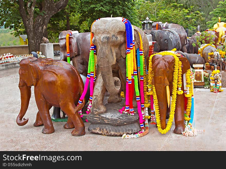 Group of decorated wooden elephants. Group of decorated wooden elephants