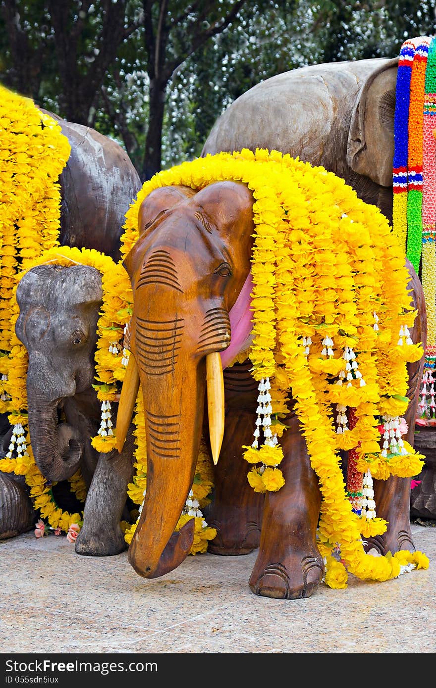 Group of decorated wooden elephants. Group of decorated wooden elephants