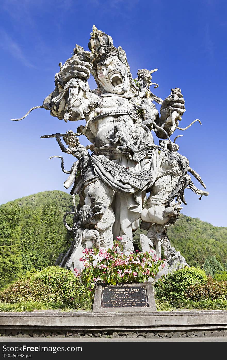 Kumbakarna Laga statue in Eka Karya Botanical Garden, Bedugul, Bali, Indonesia. The statue storytells a Hindu literature about the battle between Kumbhakarna and the monkey army led by Rama.