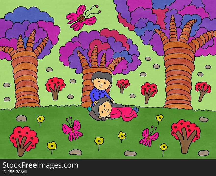 Illustration of a cartoon couple in a dream like world. Illustration of a cartoon couple in a dream like world