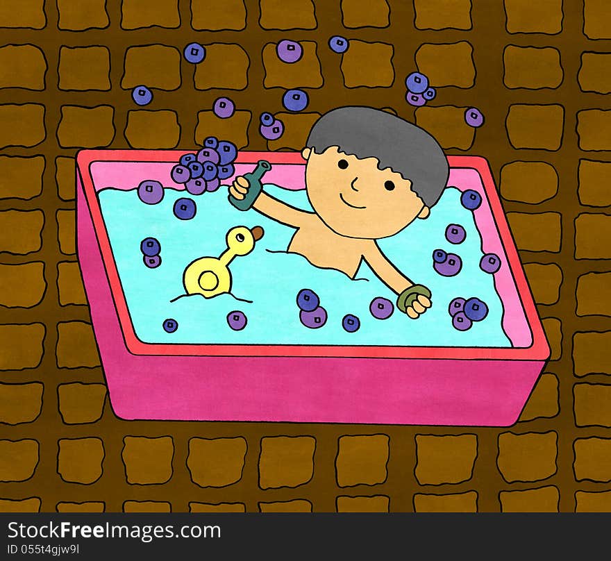 A cute boy playing with his rubber ducky while bathing in a tub. A cute boy playing with his rubber ducky while bathing in a tub