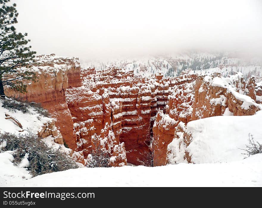 View of Bryce Canyon National Park in southern Utah during a winter snow storm. View of Bryce Canyon National Park in southern Utah during a winter snow storm.