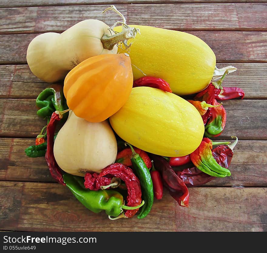 Still life of recently harvested squash and hot peppers. Still life of recently harvested squash and hot peppers.