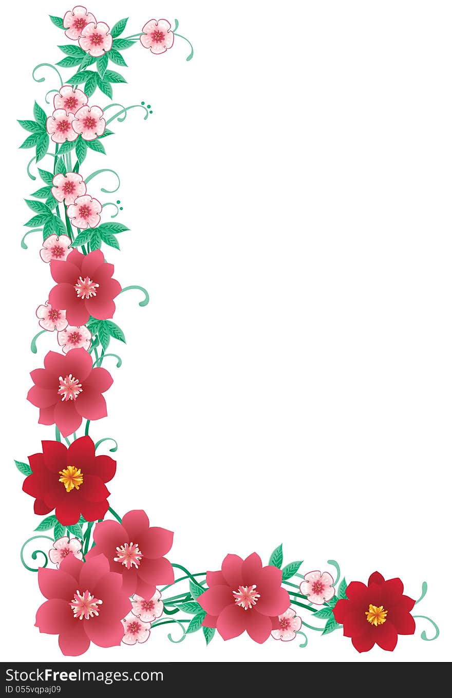 Vector decorative  corner with many pink flowers and green leaves. Vector decorative  corner with many pink flowers and green leaves