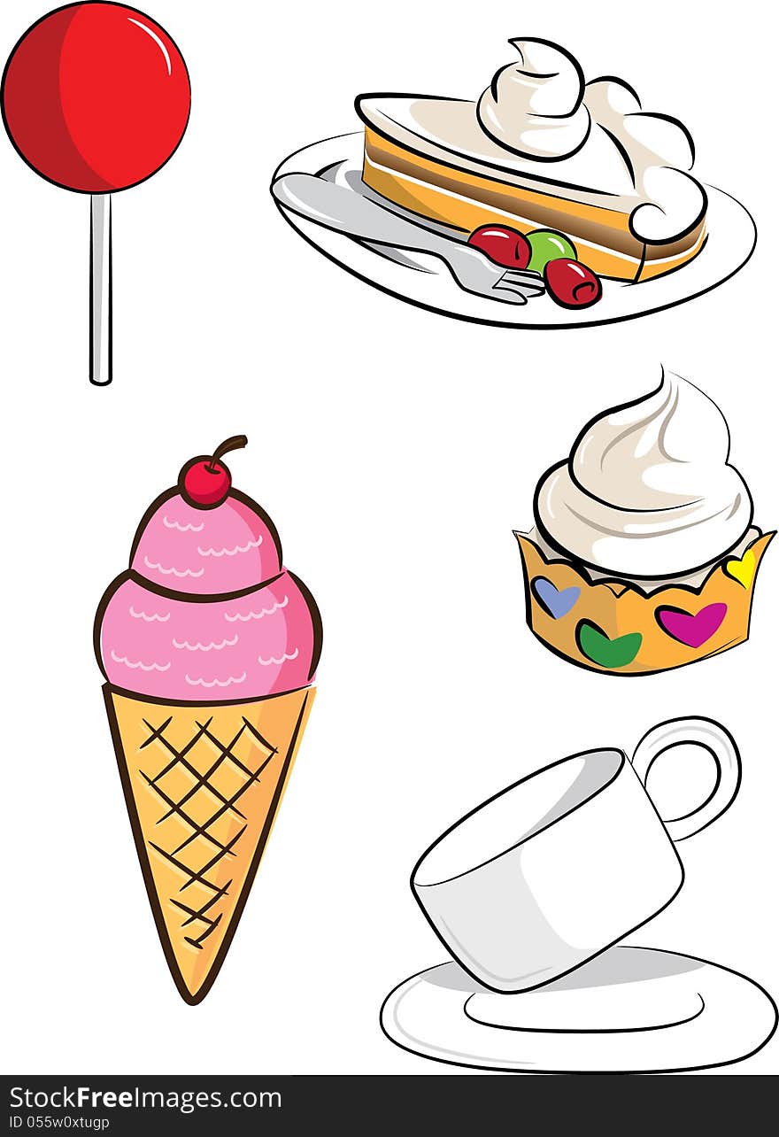 Illustrations set dessert of ice cream, coffee, cupcake. Illustrations set dessert of ice cream, coffee, cupcake