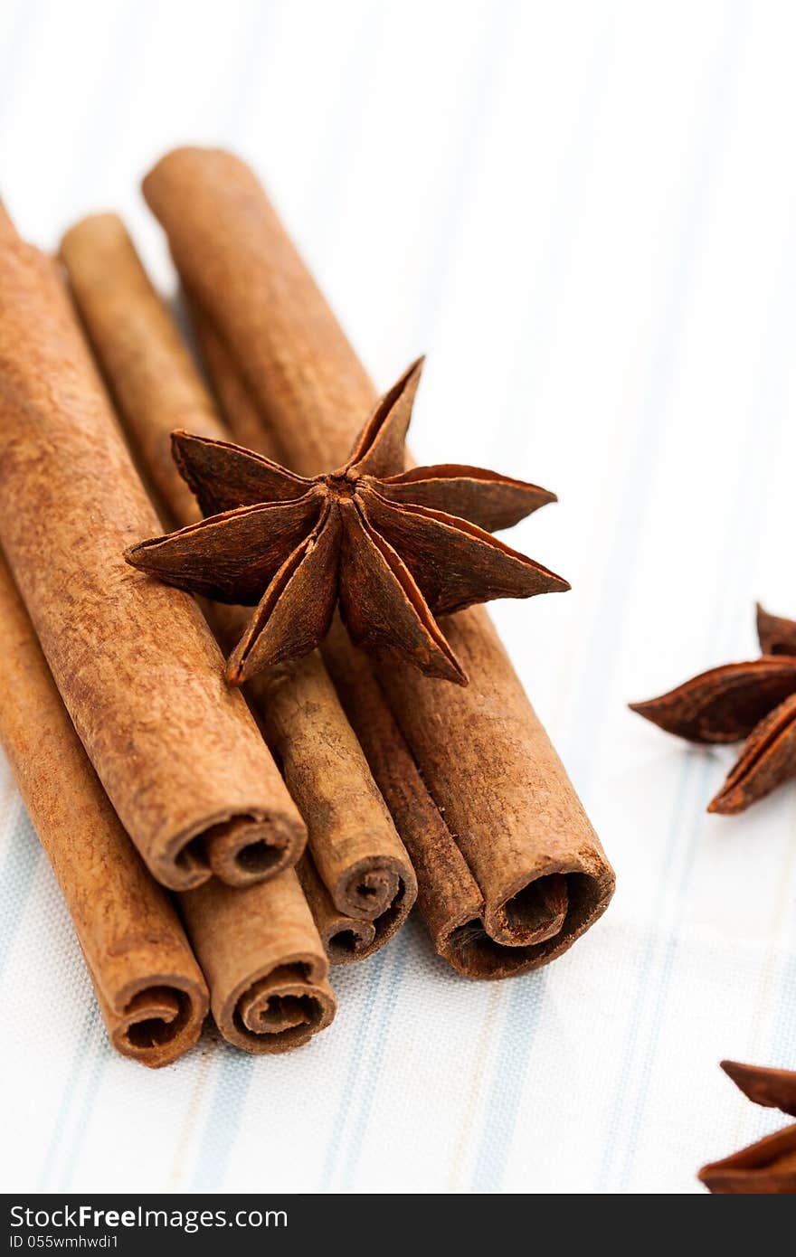 Cinnamon sticks, anise stars and skeletone leaves on table. Cinnamon sticks, anise stars and skeletone leaves on table