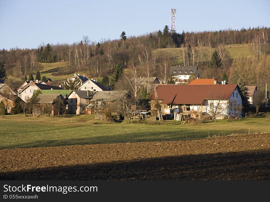 A small village in hilly terrain