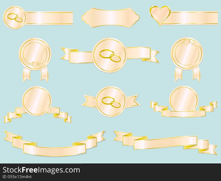 Set of wedding and love ribbons, badges and labels. Vector illustration. Each design element is on a separate layer.