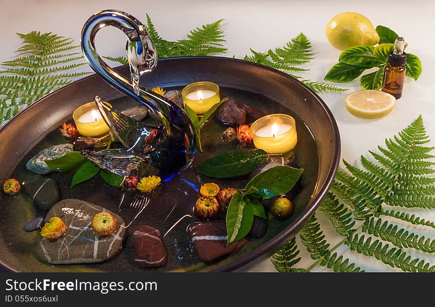 Still life with zen pond, swan, and lemon essential oil. Still life with zen pond, swan, and lemon essential oil