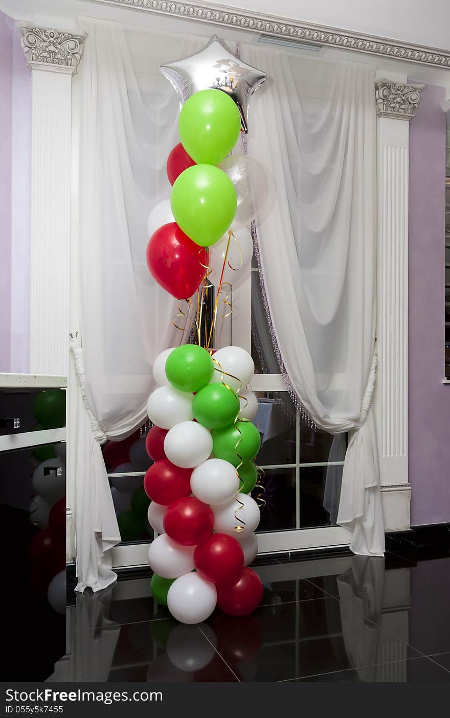 Festively decorated by balloons Italian restaurant interior. Festively decorated by balloons Italian restaurant interior