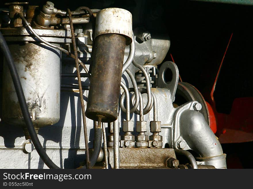 Detail of older diesel engine used for mobile drilling rig on a military truck.