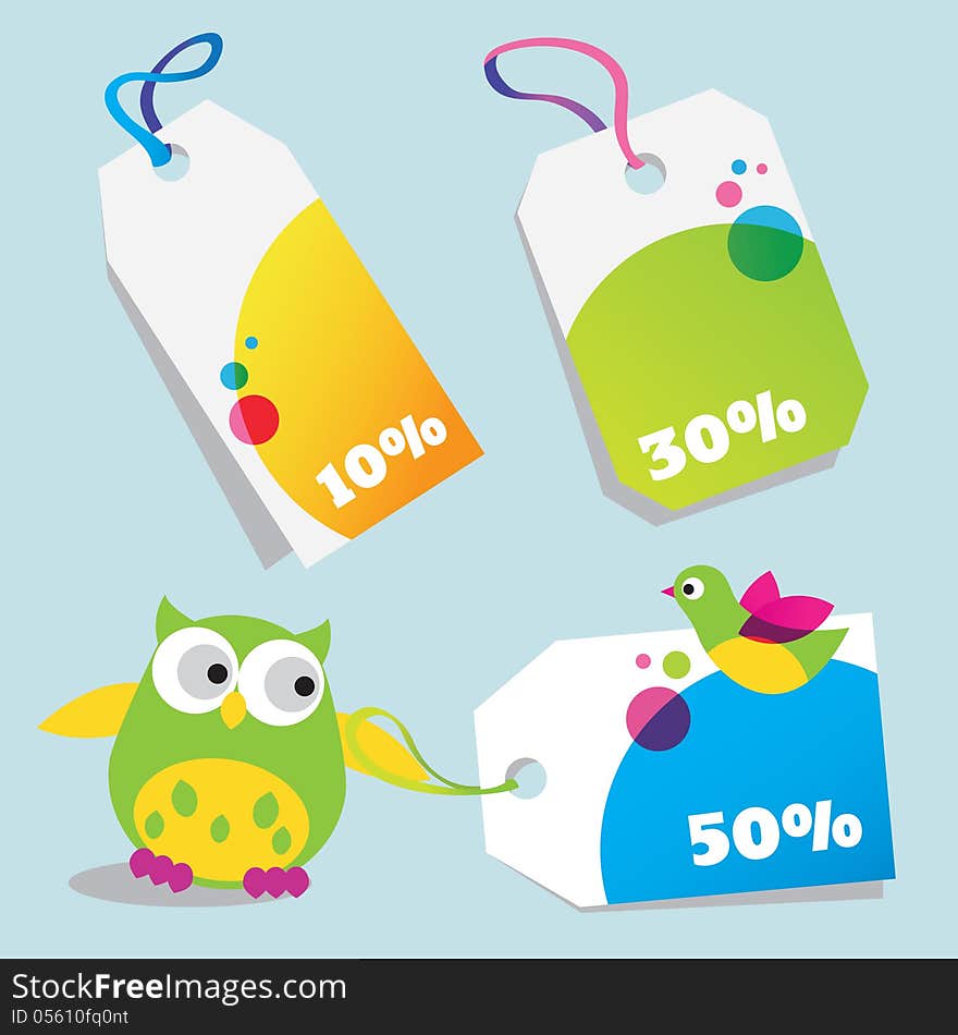 Colorful sale tags and funny birds