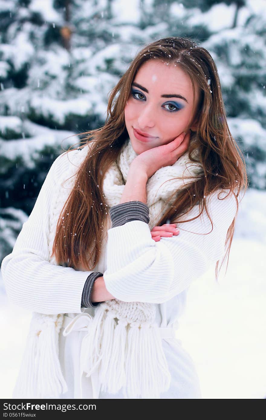 Outdoor sensual portrait of pretty young woman in winter park. Outdoor sensual portrait of pretty young woman in winter park