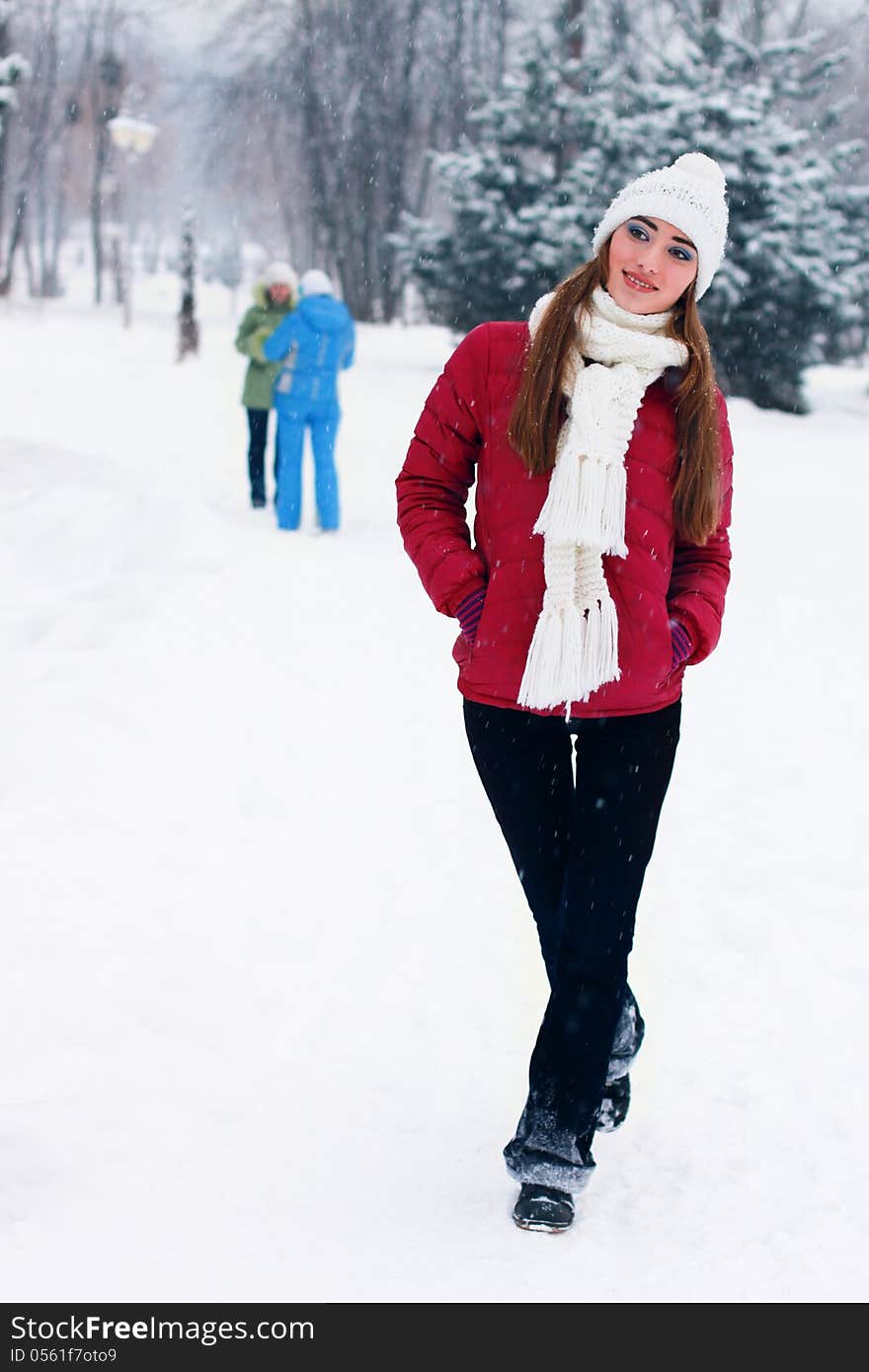 Outdoor sensual portrait of pretty young woman in winter park. Outdoor sensual portrait of pretty young woman in winter park