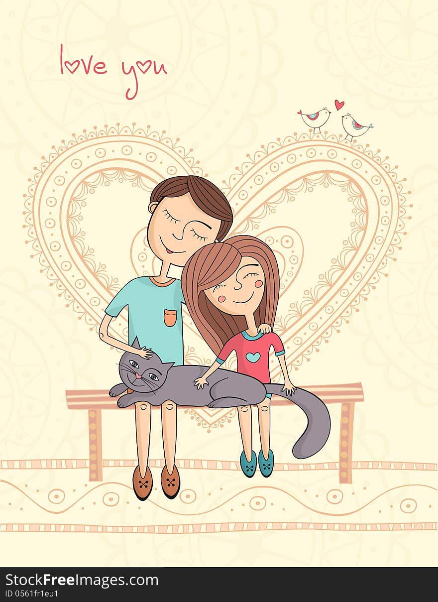 Girl and boy with cat and ornamental heart