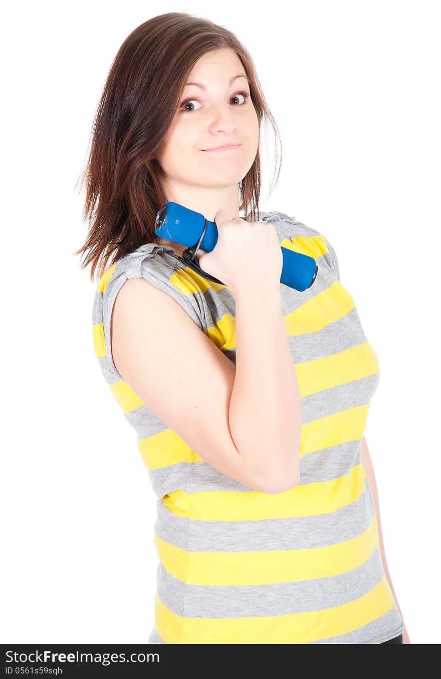 Young woman doing fitness exercises isolated on white background.