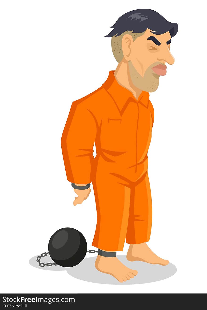 Cartoon illustration of a man being chained to iron ball. Cartoon illustration of a man being chained to iron ball