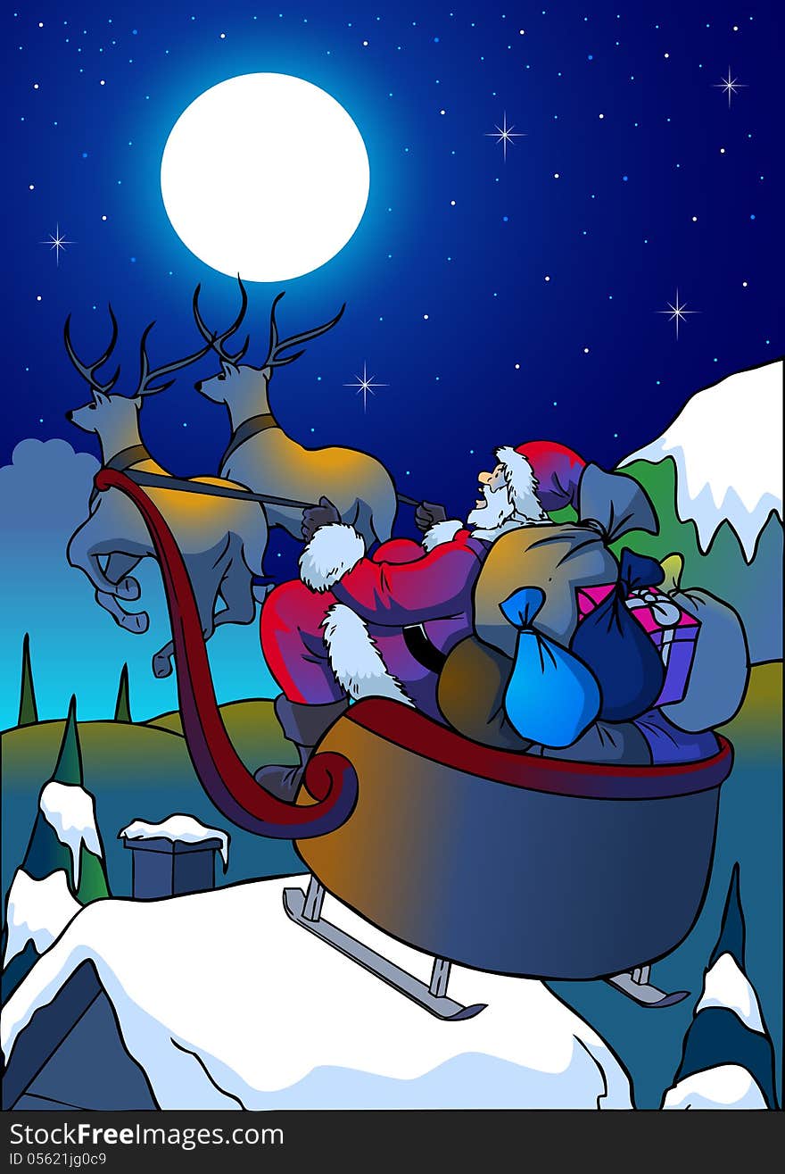 Cartoon illustration of Santa Claus is bringing gifts. Cartoon illustration of Santa Claus is bringing gifts