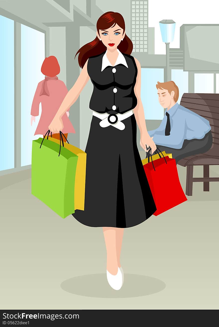 Cartoon illustration of a woman with shopping bags walking on sidewalk. Cartoon illustration of a woman with shopping bags walking on sidewalk