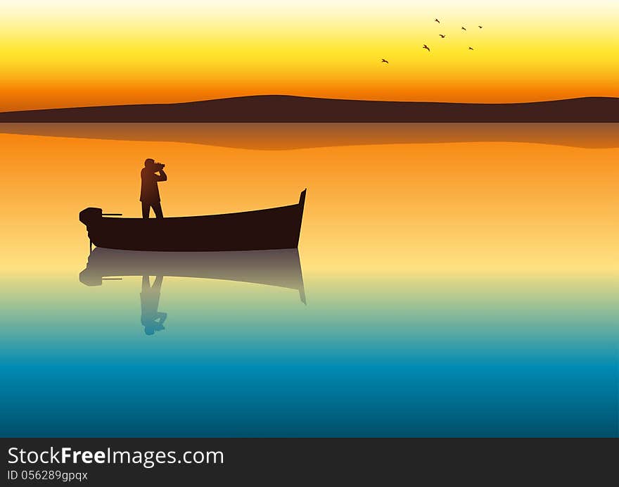 Silhouette illustration of a man observe with binoculars on a boat. Silhouette illustration of a man observe with binoculars on a boat