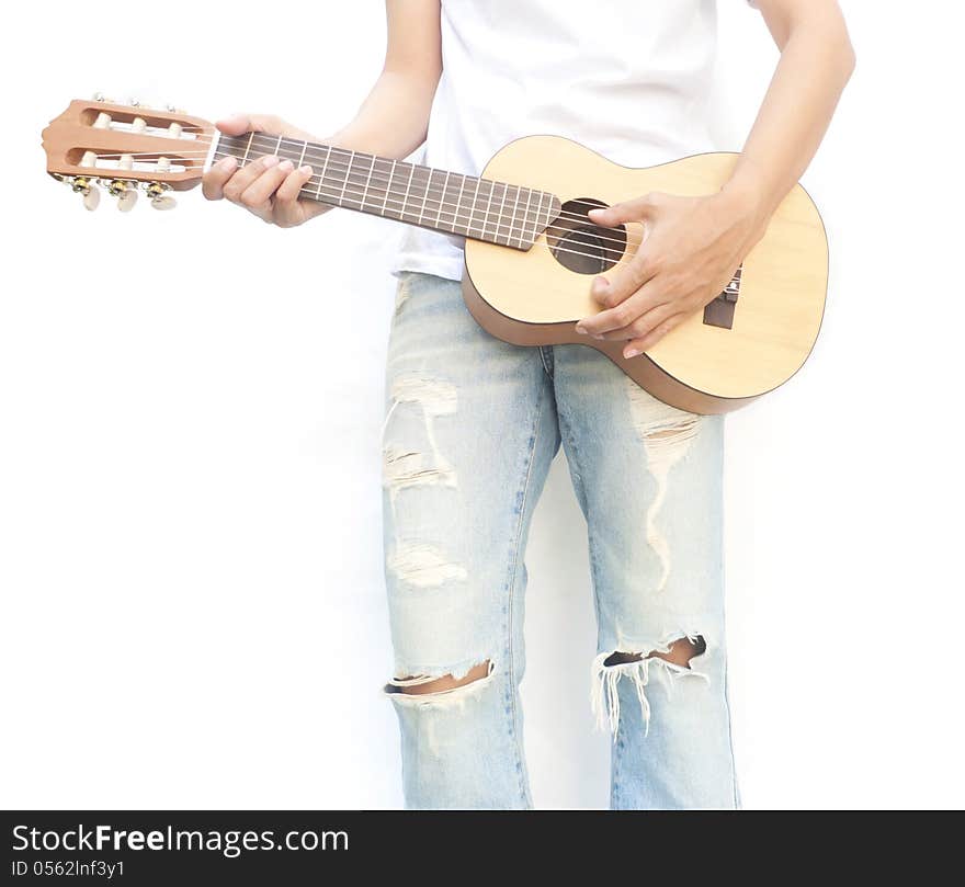 Women with guitar on white background.