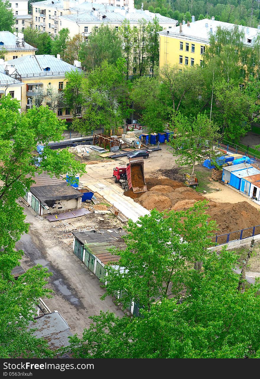 New construction site among old town. New construction site among old town