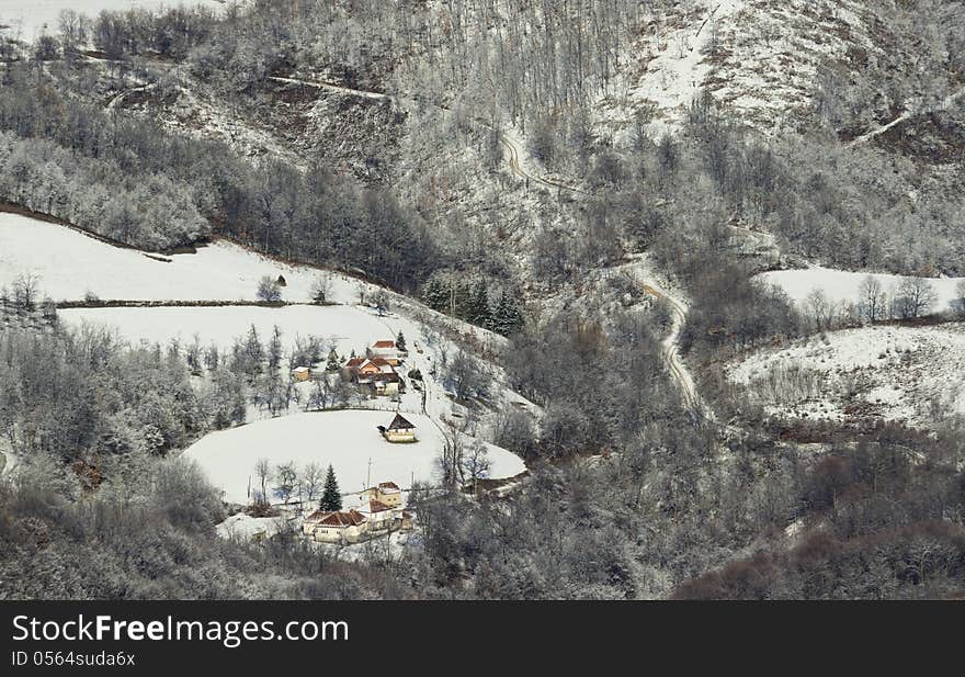 Small mountain village in the winter environment