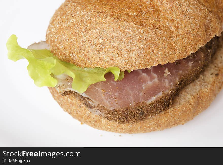 Fresh burger closeup on the white plate surface. Fresh burger closeup on the white plate surface