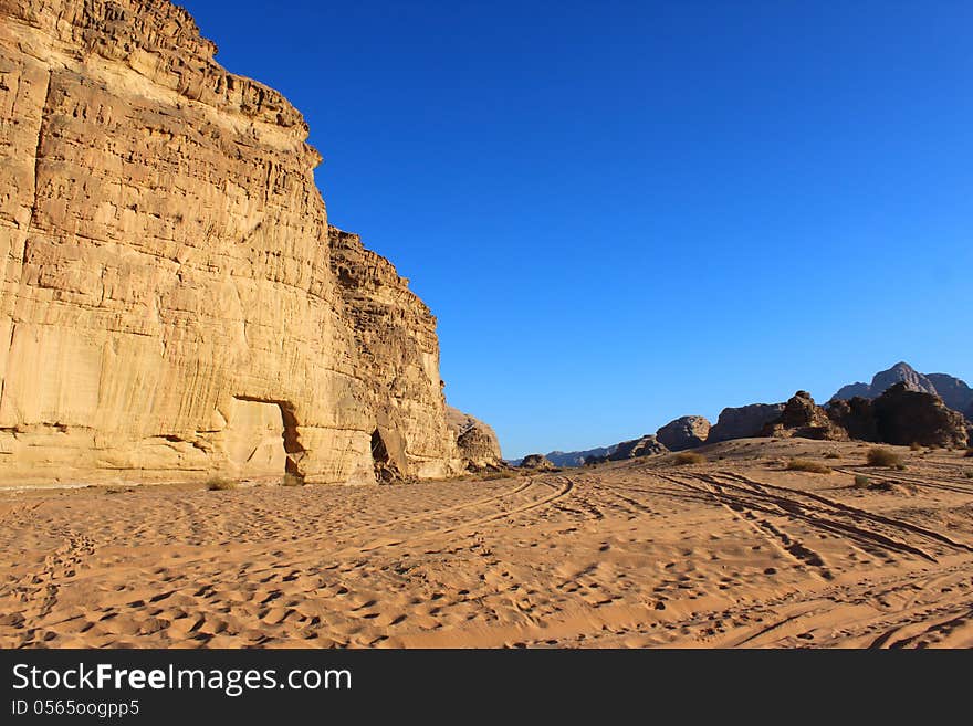 Many trails on the sand in the desert of Jordan