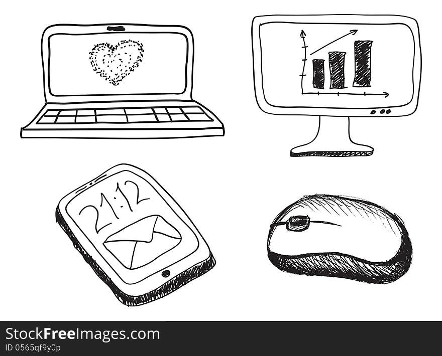 Hand drawn phone, monitor, notebook and mouse on a white background