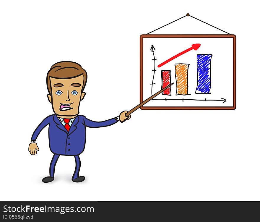 Cute businessman pointing at graph on whiteboard