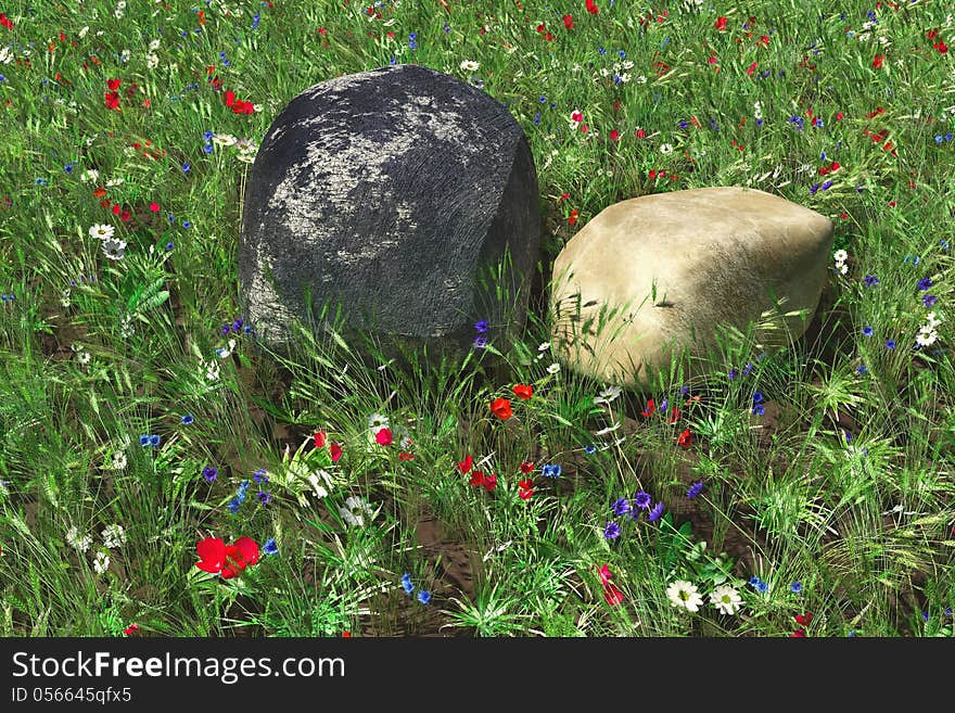 Two Stones Against Flowers