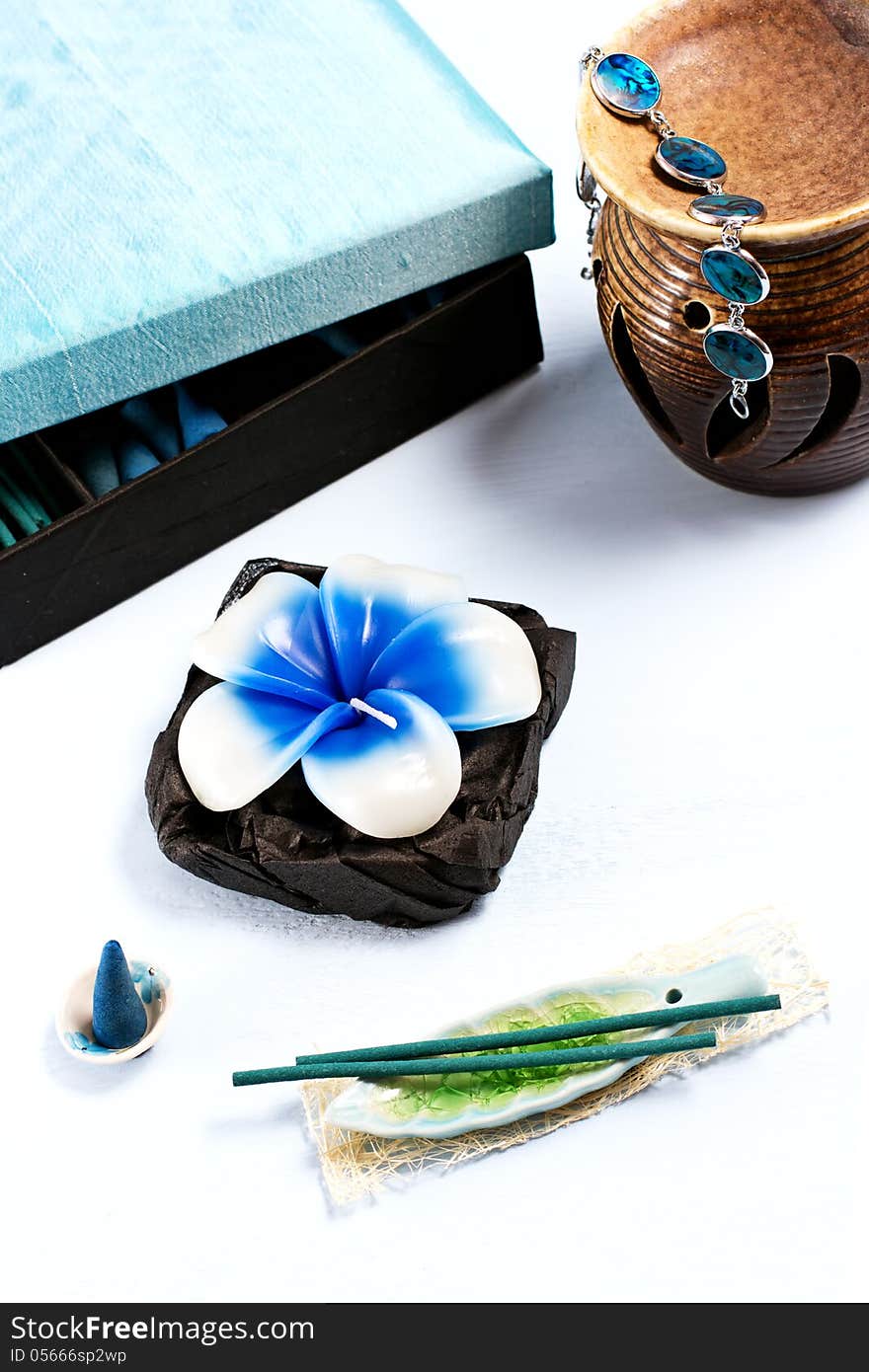 Aromatherapy set with flower candle and incense