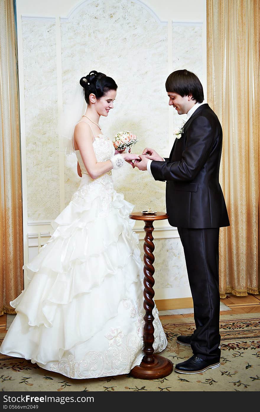 Happy Man Wears Wedding Ring His Bride