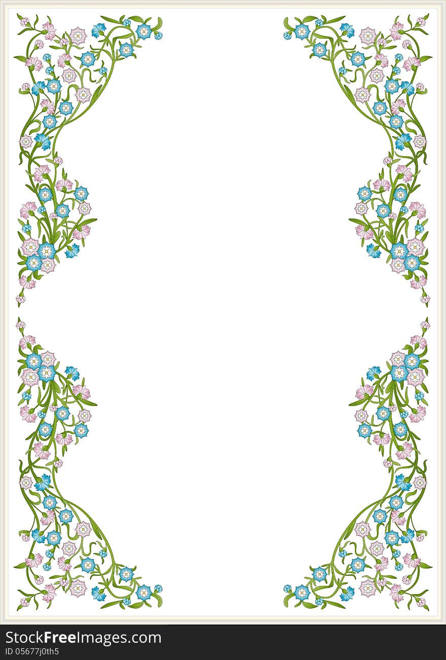 Frame with branches full of pink and blue flowers like carnations. Frame with branches full of pink and blue flowers like carnations.