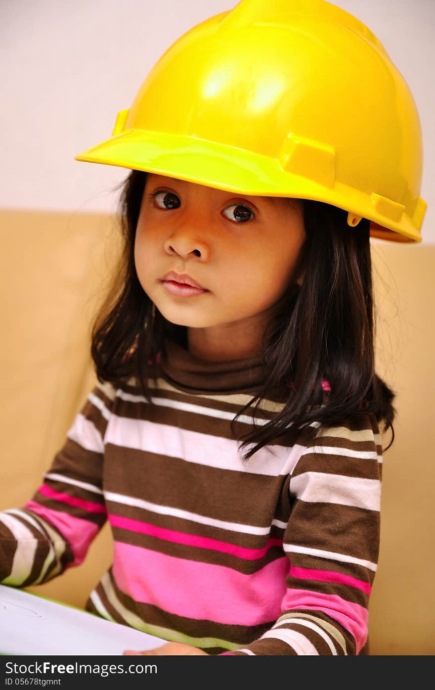 Beautiful Asian Girl Wearing Yellow Helmet