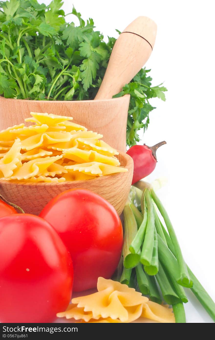 Pasta in bowl, vegetable and spices, food ingredient photo. Pasta in bowl, vegetable and spices, food ingredient photo